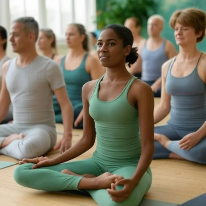 Csoportos jógaóra barátságos stúdiótérben