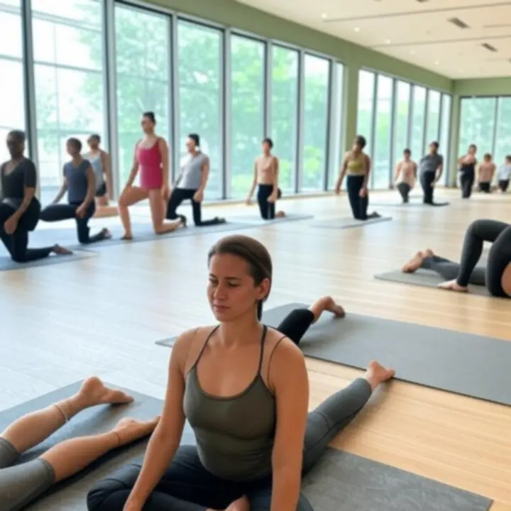 Nyugodt jóga stúdió tér, ahol tagok gyakorlást végeznek.