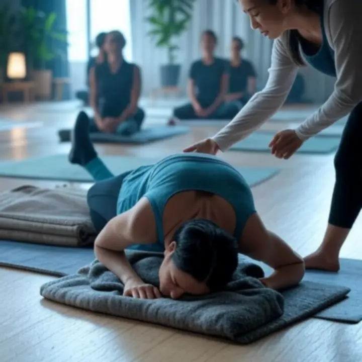 Nyugodt yin jógaóra, fekvő pózban pihenő résztvevőkkel